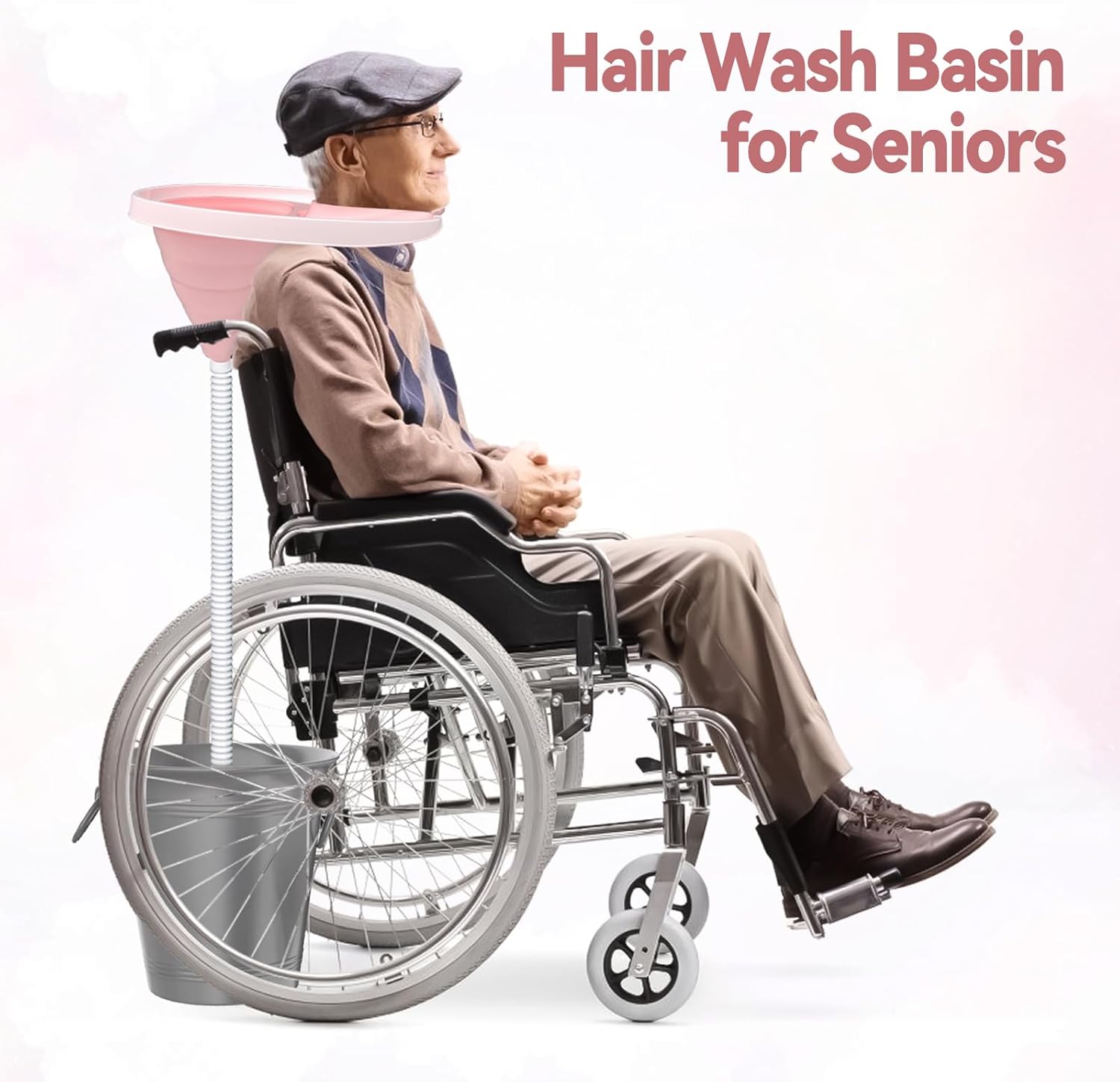 A Handicapped Person on a Wheel chair is Wearing Portable Hair Shampoo Basin.