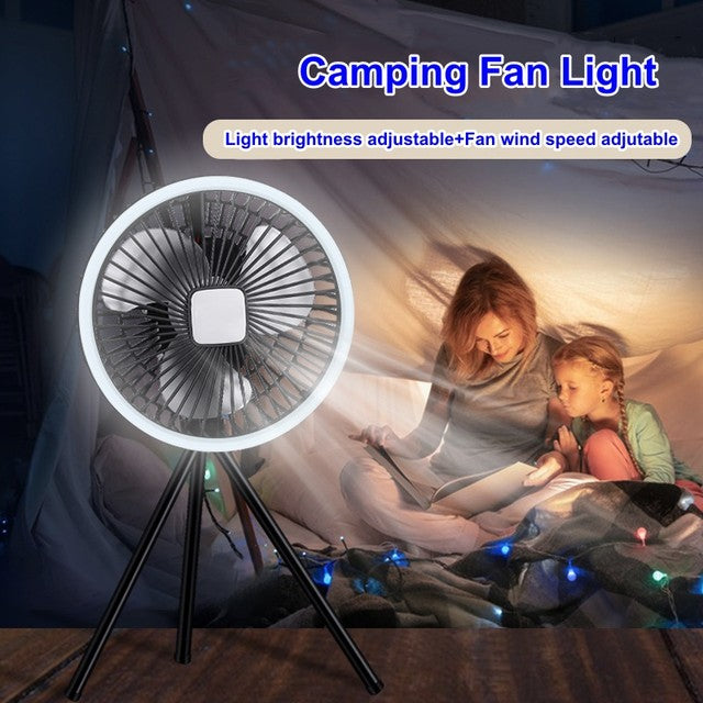 Portable Mini Fan is Used By Mom and Daughter in a Camping Tent.