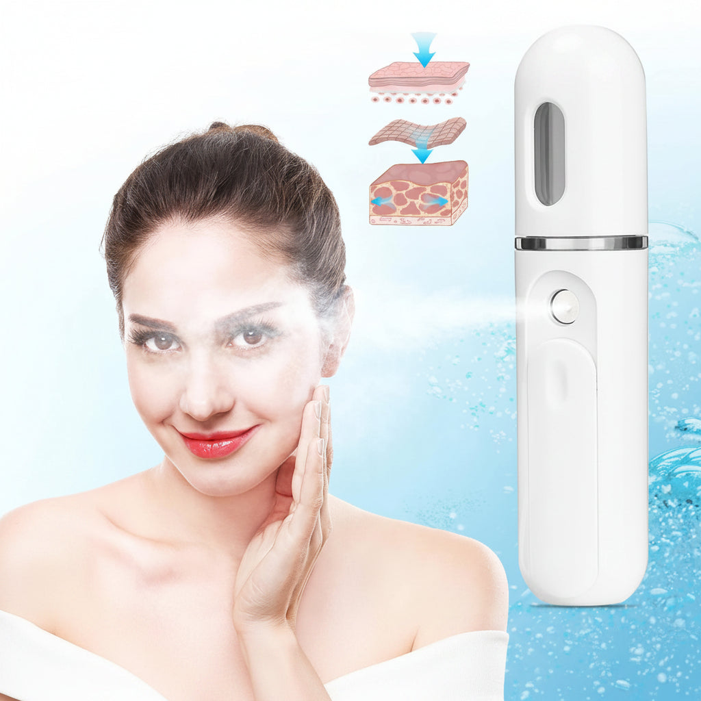 Portable Nano Facial Mist Sprayer with a woman on the other side.