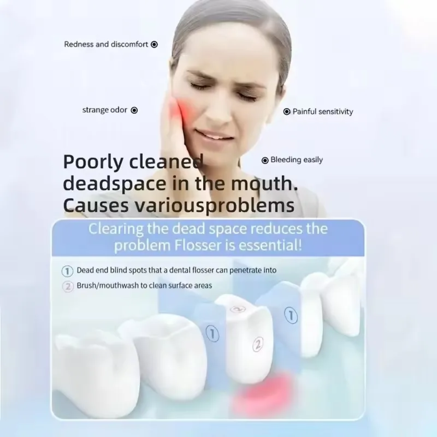 A Woman is Suffering from teeth Pain Without Using of Portable Oral Irrigator.
