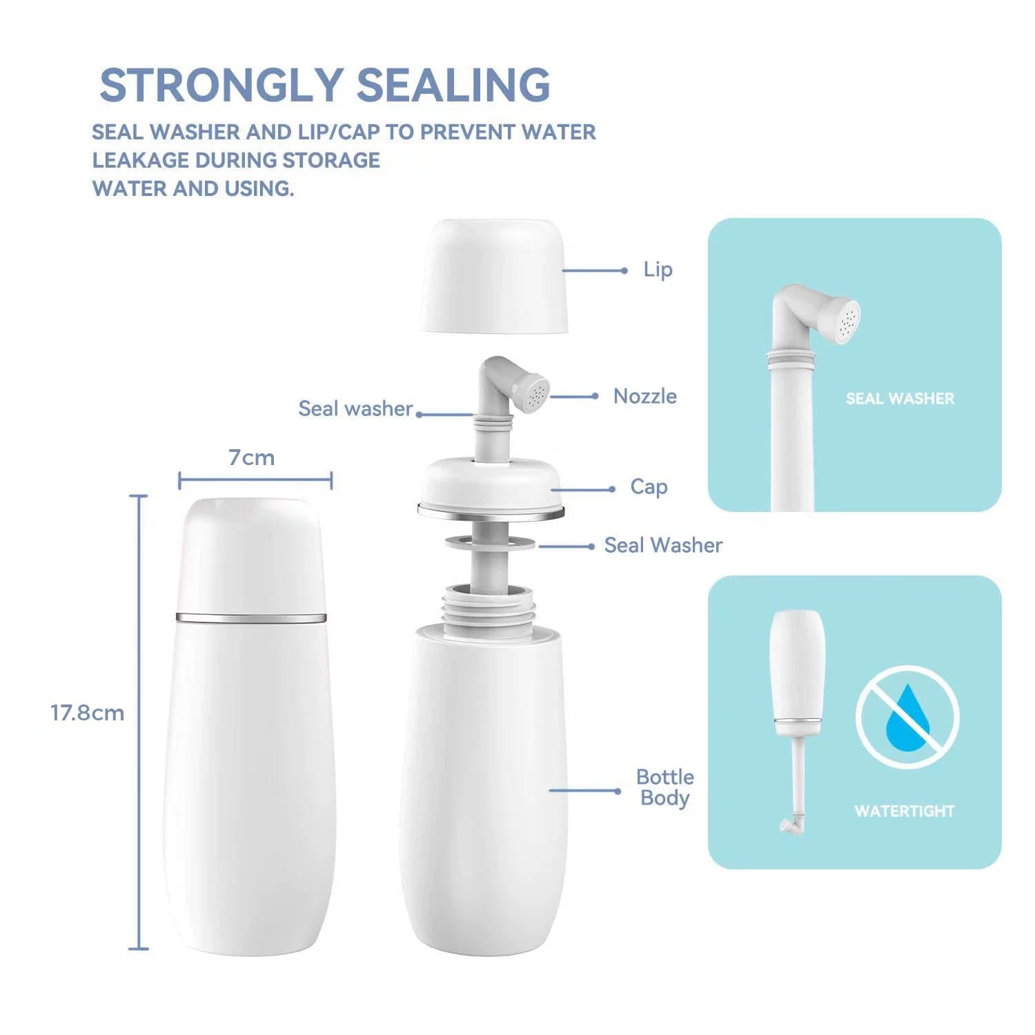 The Portable Travel Bidet Bottle comes with the following size and features
