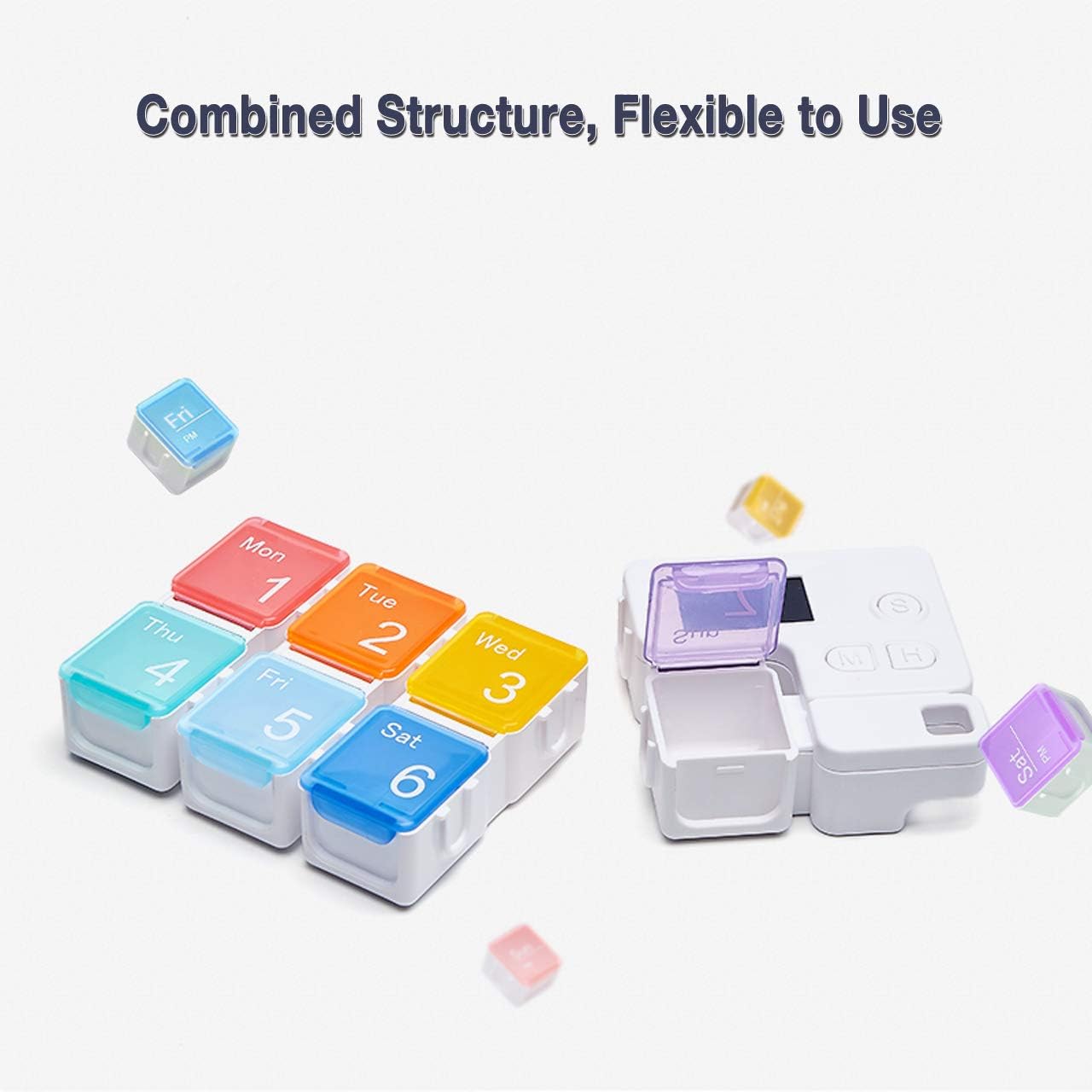 Portable alarm pill box weekly pill organizer with colorful day-labeled compartments, digital reminder timer, and moisture-proof dust-proof design for easy medication management.