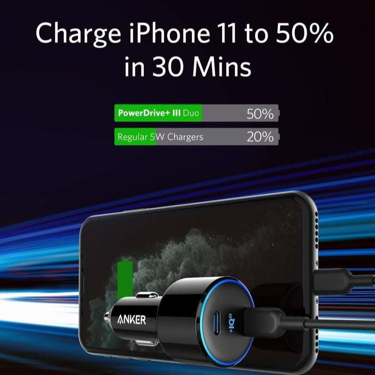 Duo 48W Car Charger with 2 USB-C PowerIQ 3.0 Ports plugged into a mobile