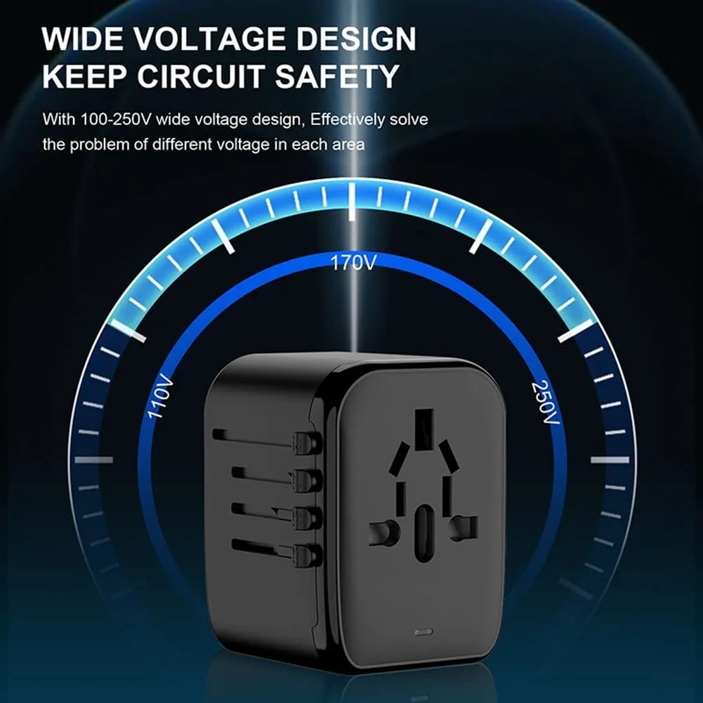 The All-in-One Universal Travel Adaptor with Multiple USB Ports features a wide voltage design to ensure circuit safety