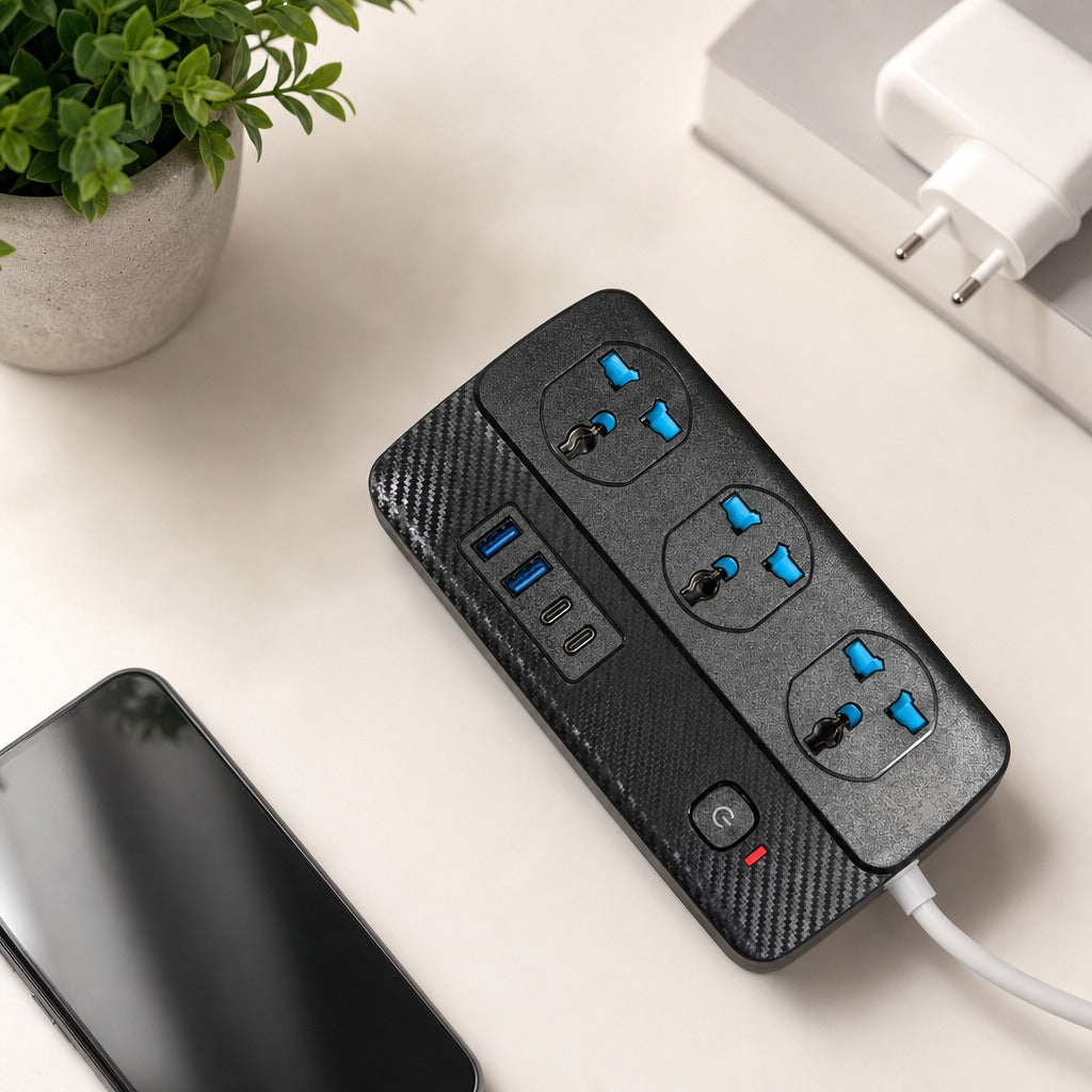 Power Socket Extension is Placed  Along with some electronic Accessories.