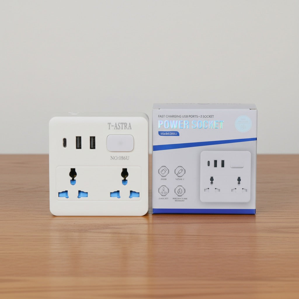 A Power Socket with USB & Type-C Fast Charging and its Pack is Placed on a table.