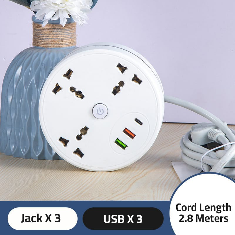 Round Universal Converter Power Strip Adapter  With 3 AC Outlets and 2 USB  1 USB C Ports.