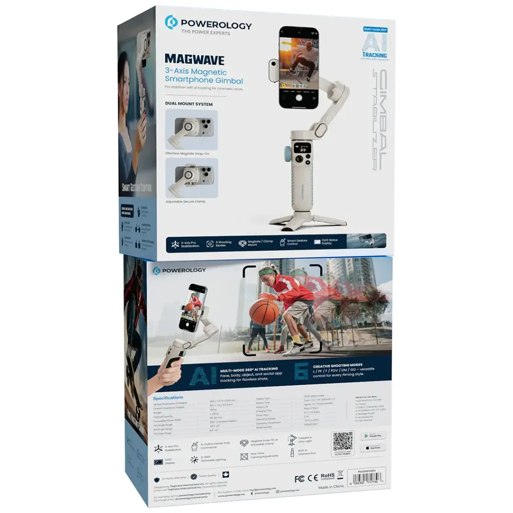 Powerology Magwave smartphone gimbal packaging on a white background