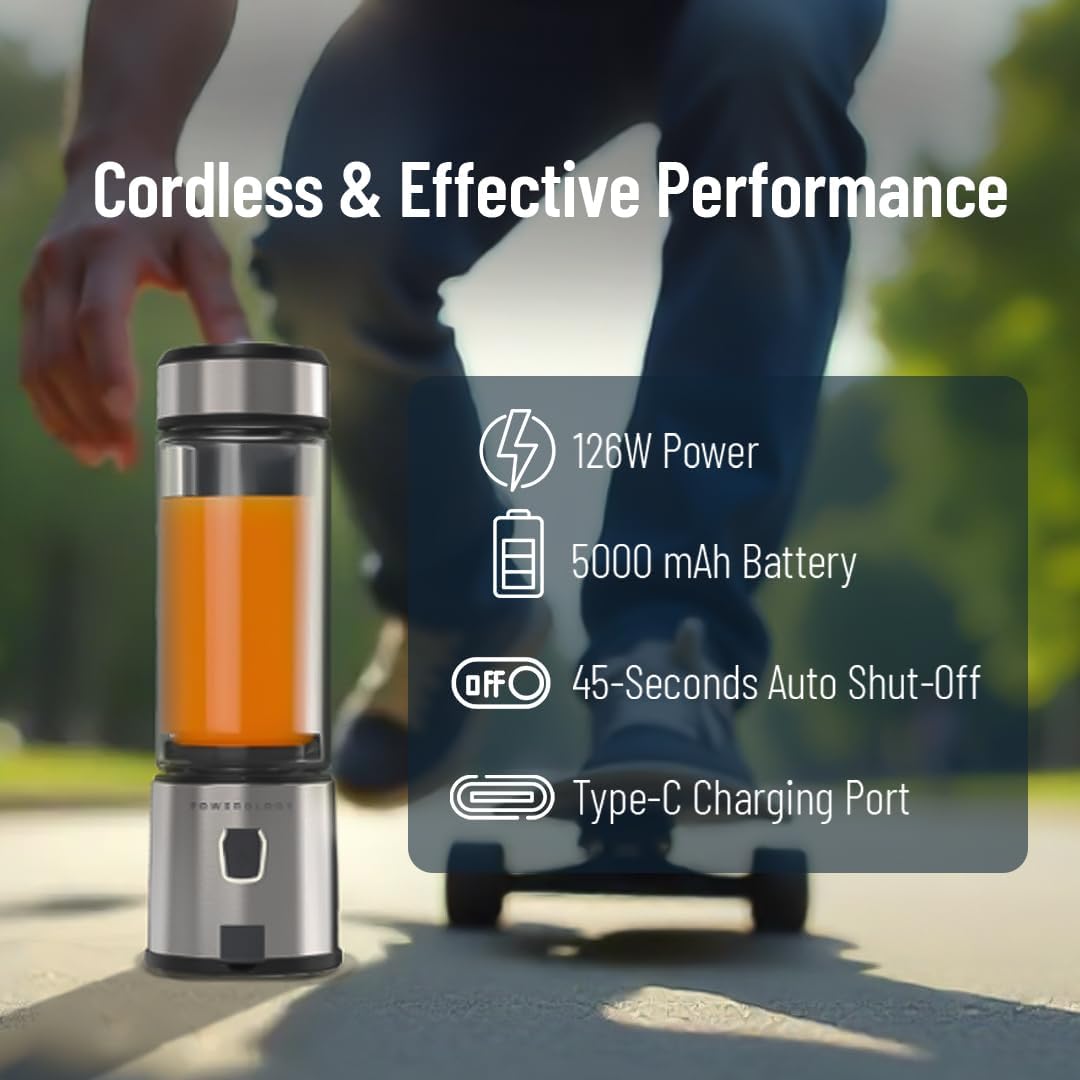 Powerology 6-Blade Portable Juicer with features displayed, blurred background of person skateboarding