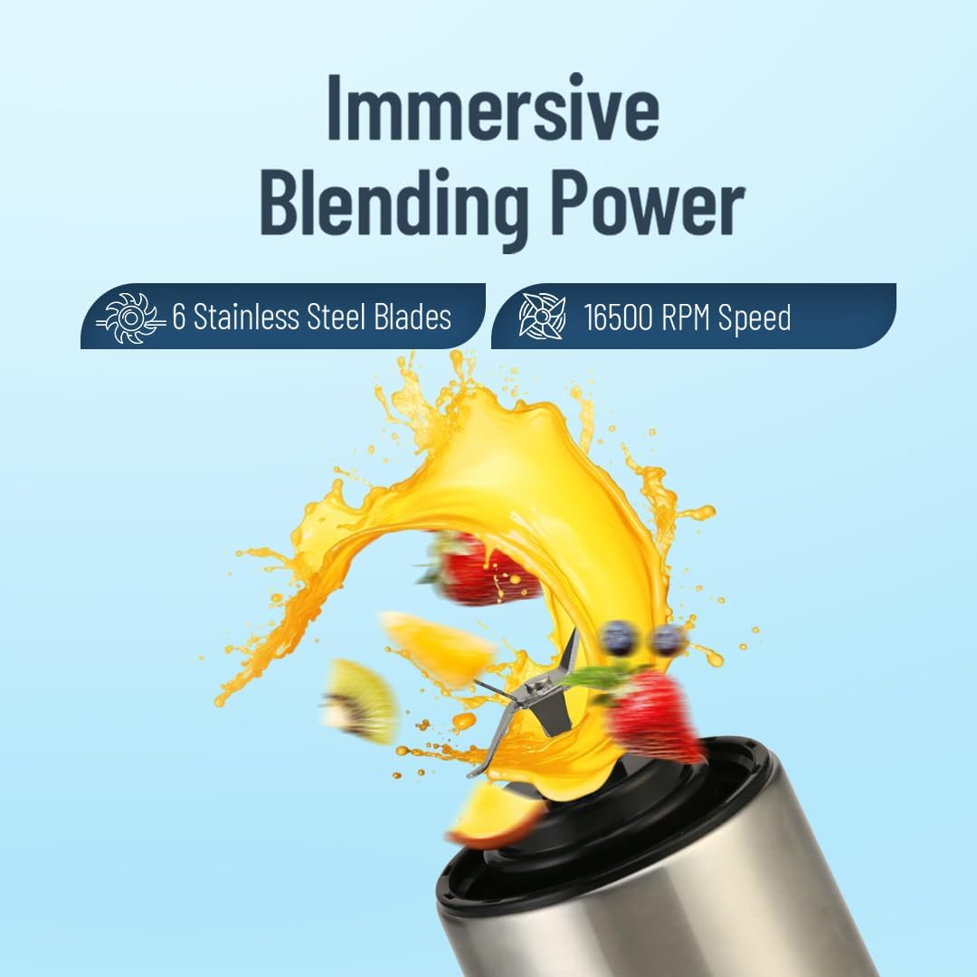 Powerology 6-Blade Portable Juicer with splashing yellow liquid and text highlighting 'Immersive Blending Power' on a light blue background.