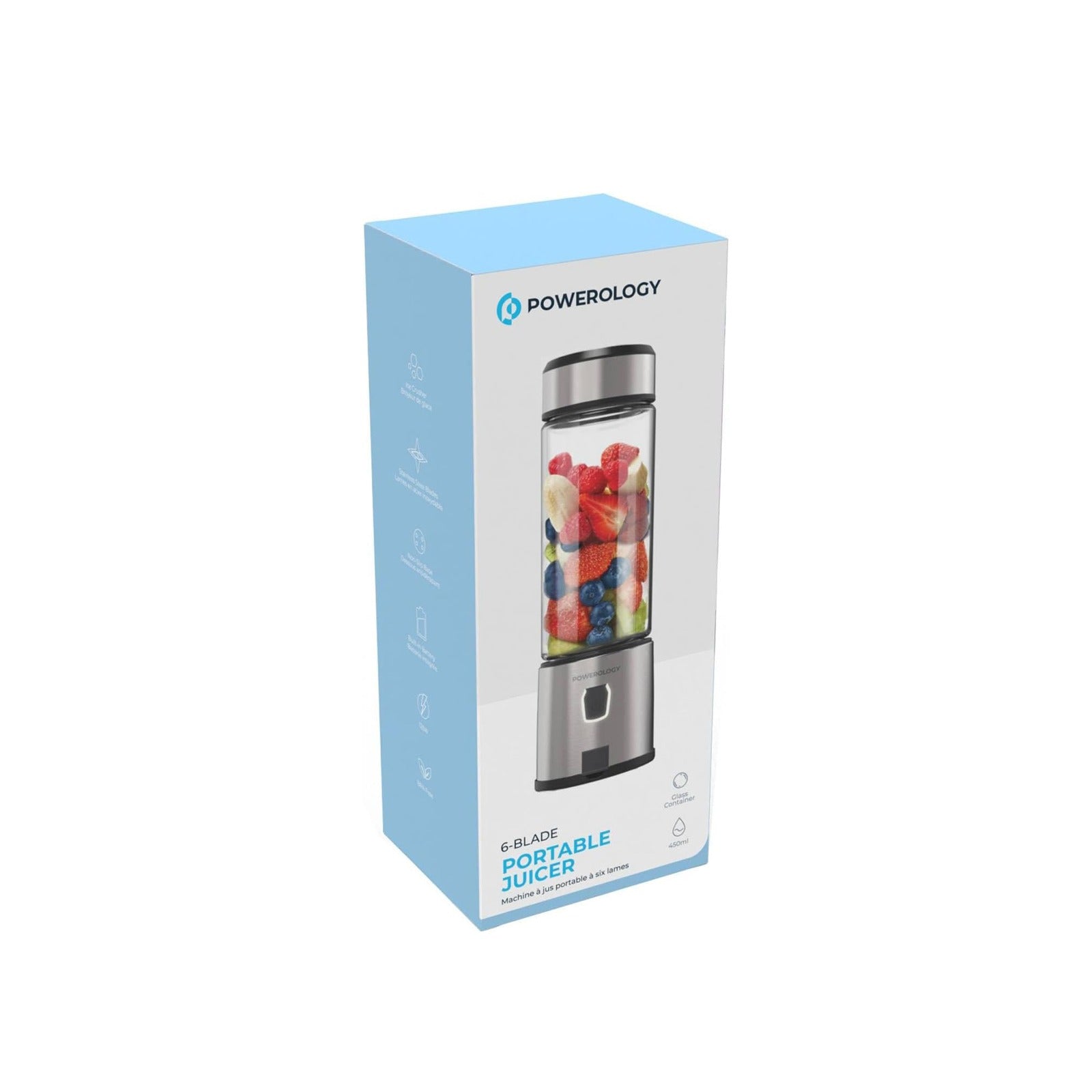 Box of a Powerology portable juicer with a white background