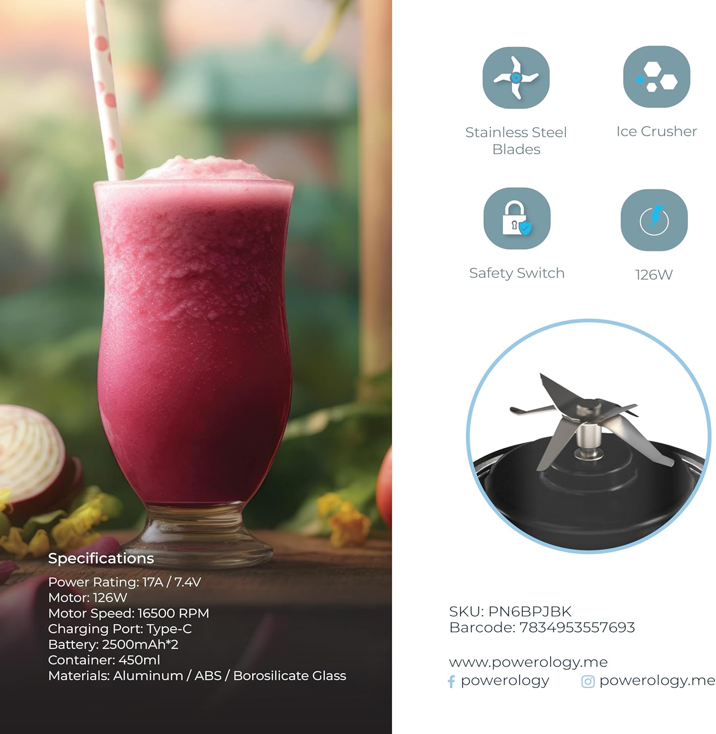 Pink smoothie in a glass with a straw, next to a Powerology 6-Blade Portable Juicer's specifications and features.