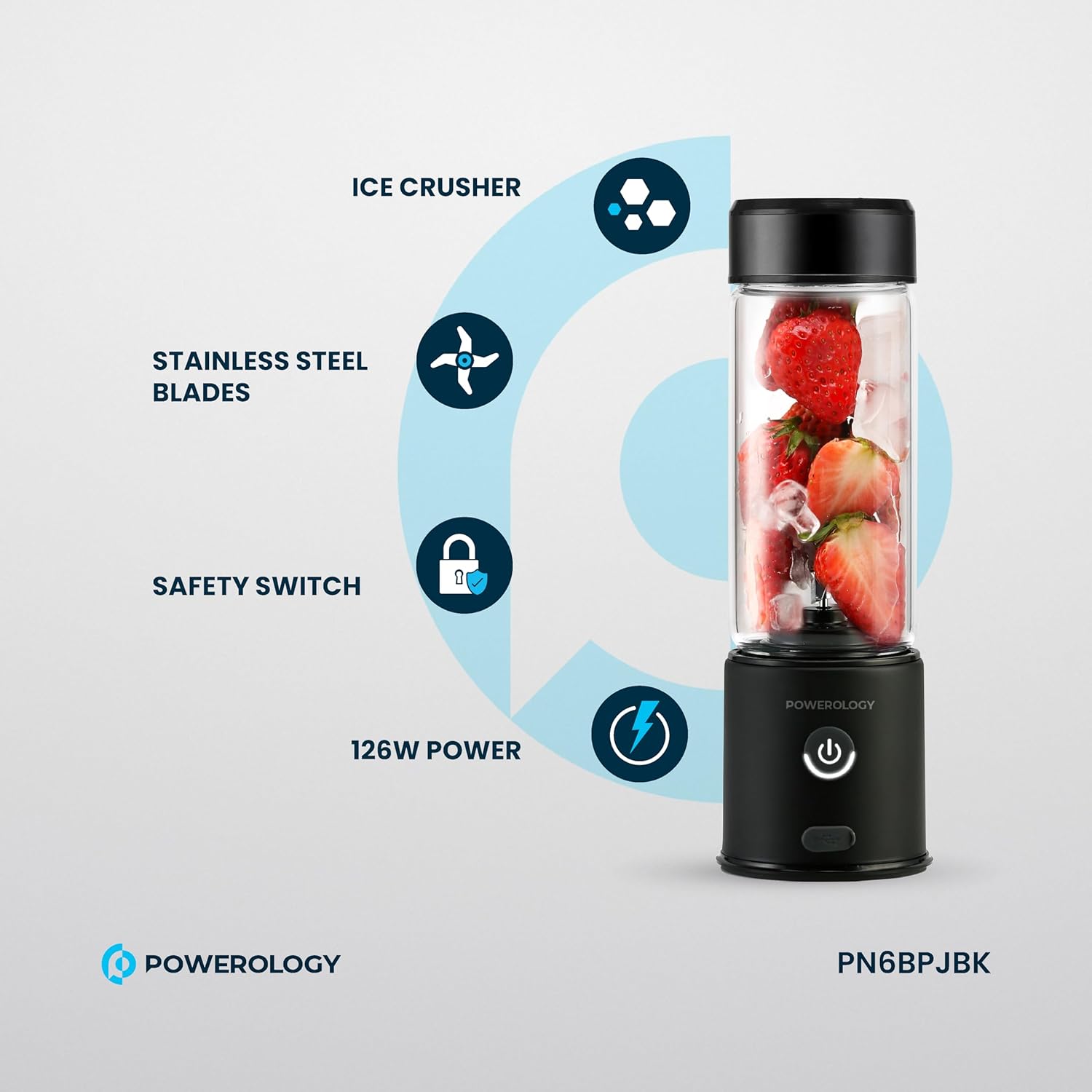 Powerology 6-Blade Portable Juicer with features highlighted on a light gray background
