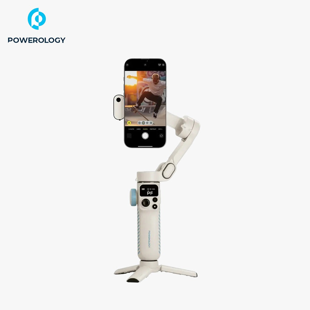 Powerology MagWave 3-Axis Magnetic Smartphone Gimbal with smartphone displaying a video call on a white background, branded 'Powerology'.