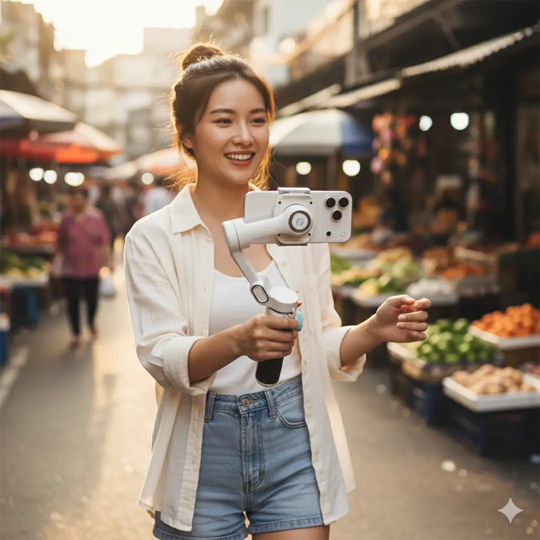 Woman holding a camera on a Powerology MagWave 3-Axis Magnetic Smartphone Gimbal in an outdoor market setting