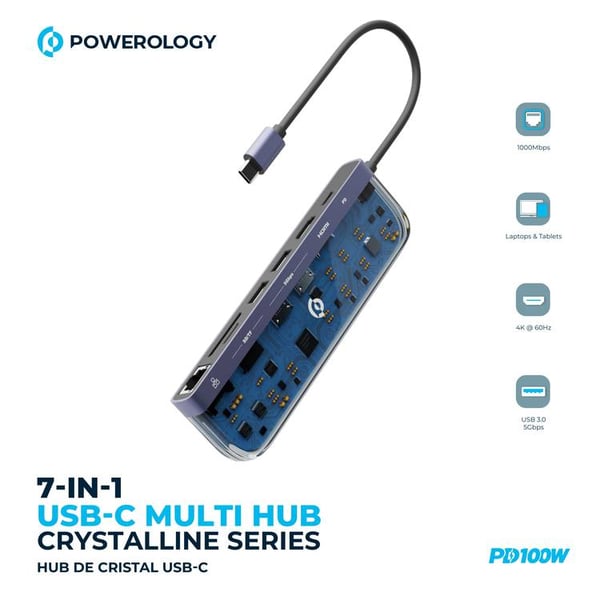 Powerology Universal 7-in-1 USB-C Multi Hub Crystalline Series P71USHTP