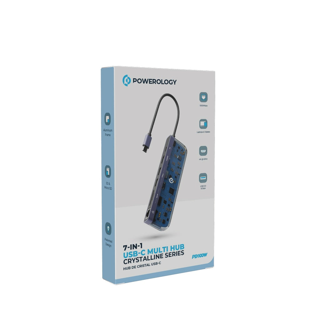 Powerology Universal 7-in-1 USB-C Multi Hub Crystalline Series P71USHTP with its box