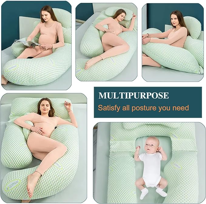 A Women is Lying On a Pregnancy Pillow.