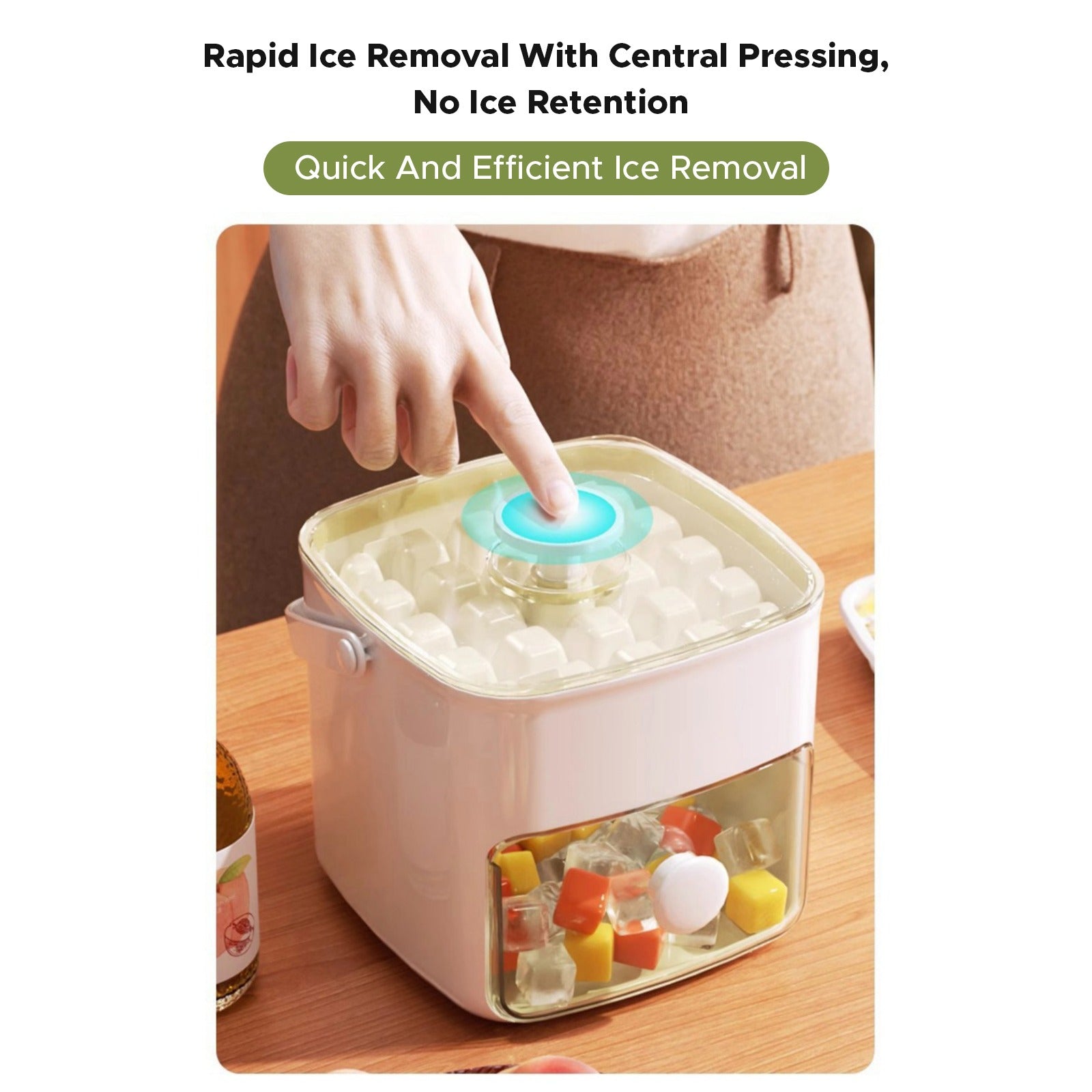 A Person is Pressing the Button of Press-Type  Ice Cube Maker.
