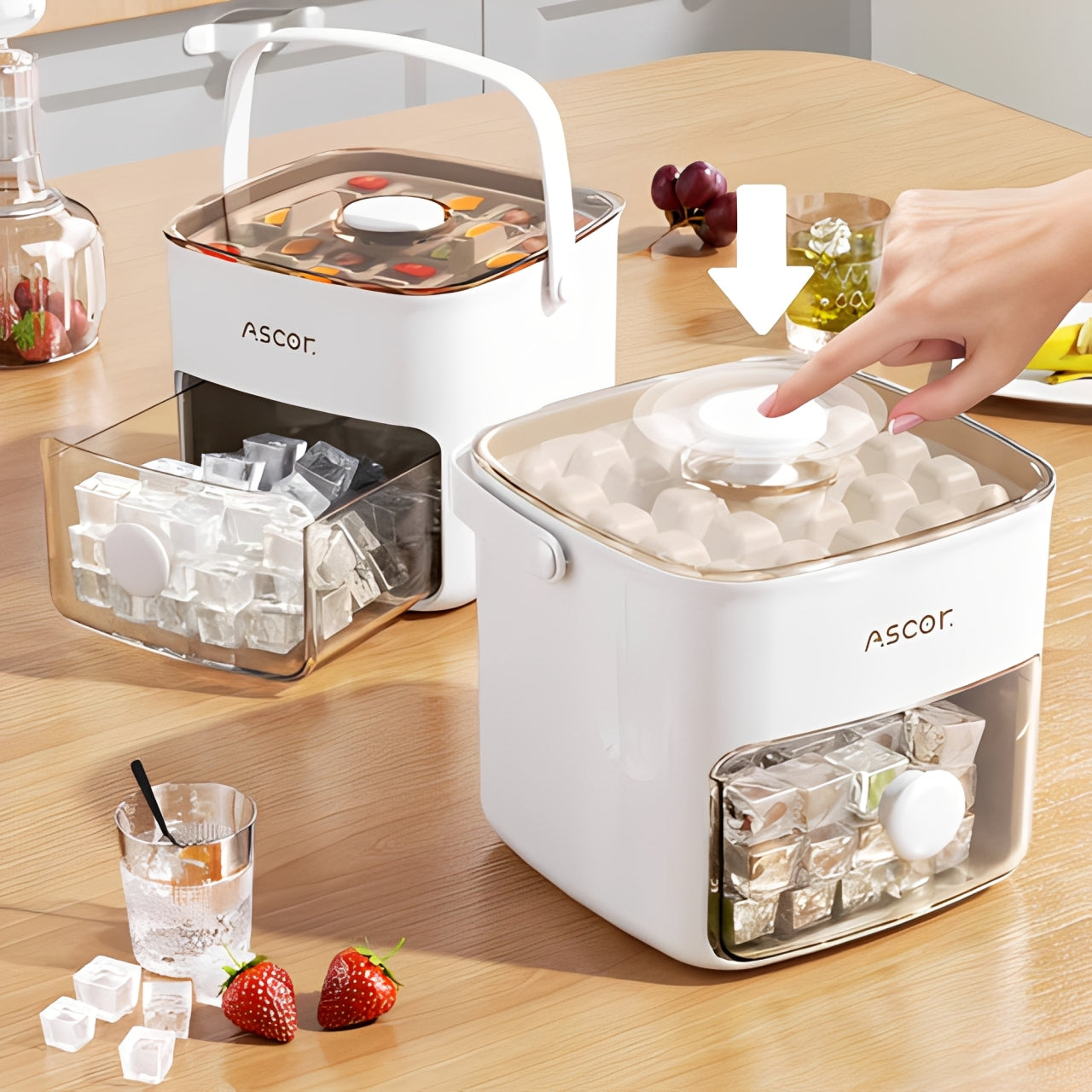 A Person is pressing on Press-Type  Ice Cube Maker.