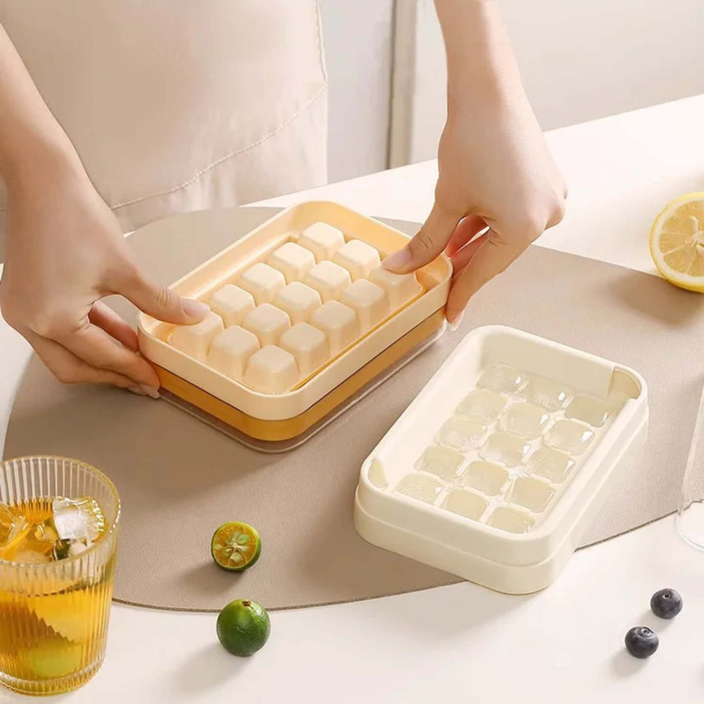 A Person is Pressing Press Type Ice Cube Making Tray Mold to Release Ice.