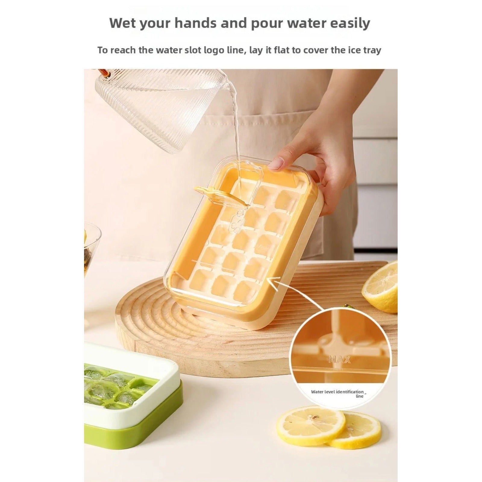 A Person is Pouring Water on to Press Type Ice Cube Making Tray Mold.