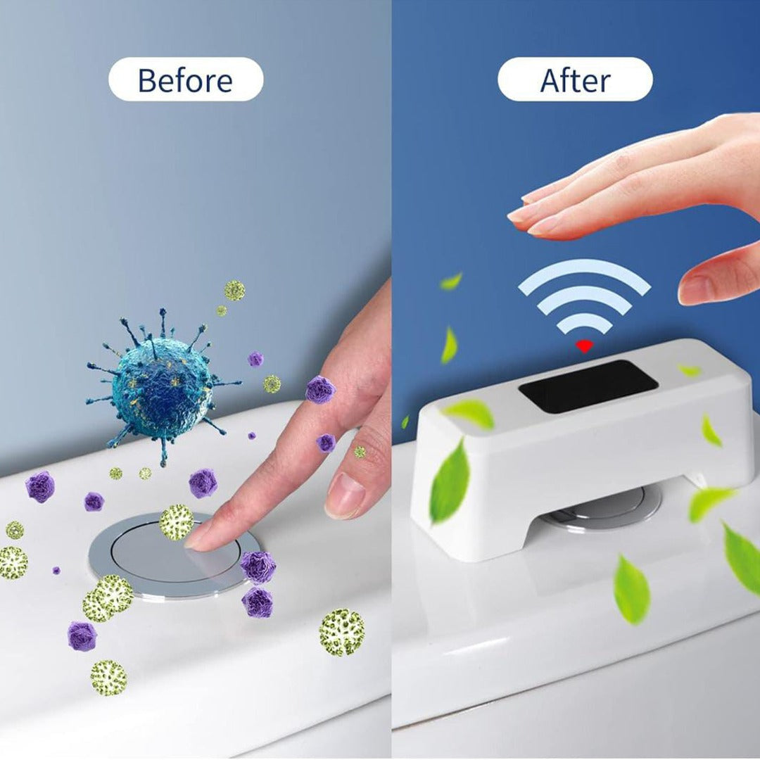 A Person is Pressing Toilet Flush Button and Using Automatic Sensing Toilet Flush Button.