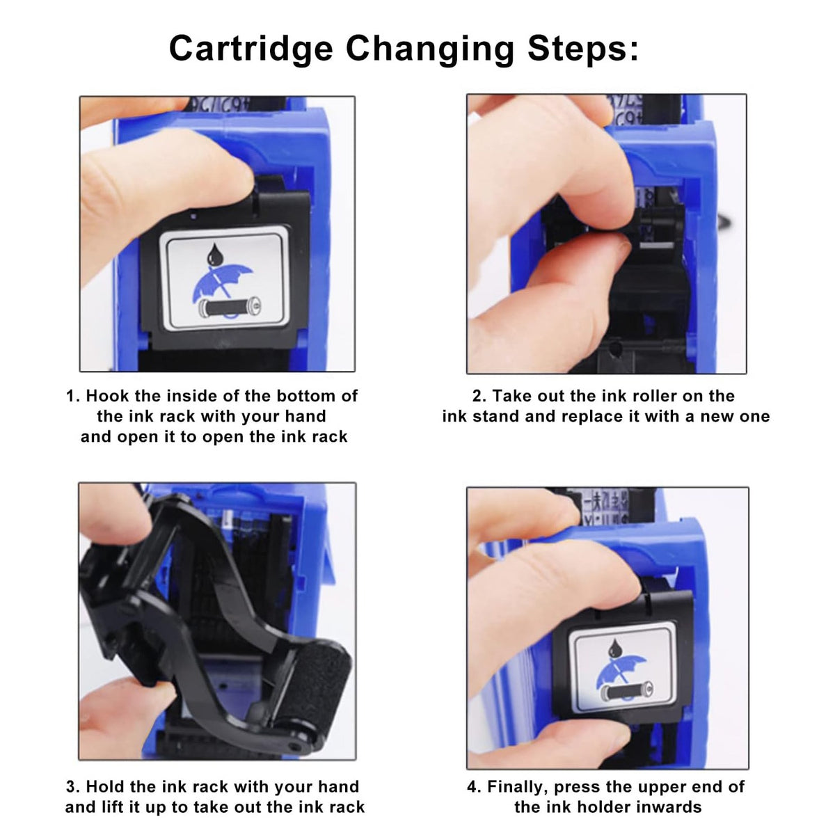A hand is demonstrating the catridge changing steps of Price Label Gun.