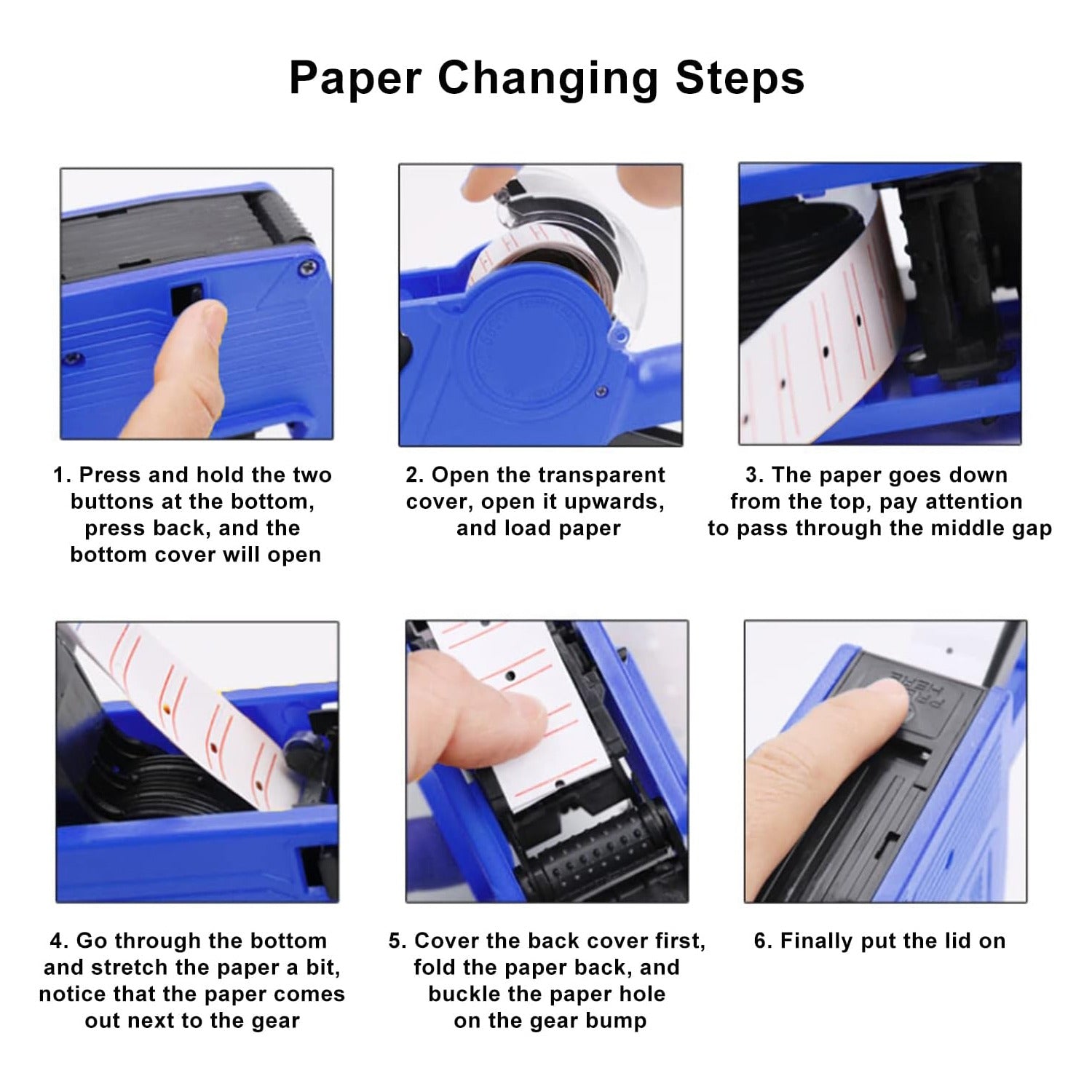A hand is demonstrating the paper changing steps of Price Label Gun.