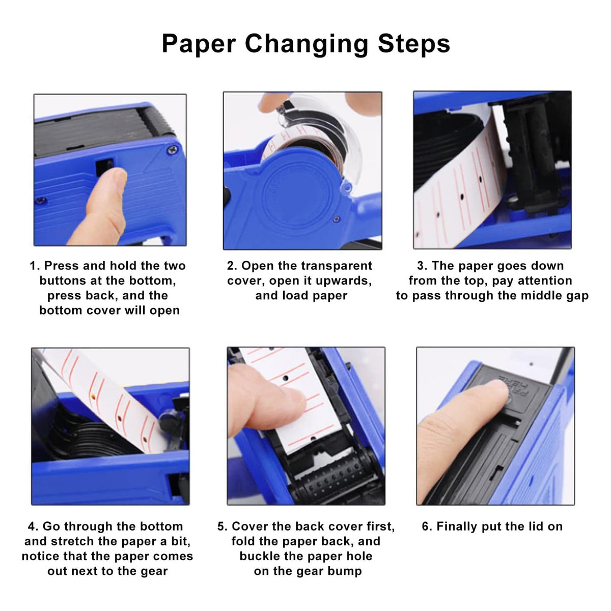 A hand is demonstrating the paper changing steps of Price Label Gun.