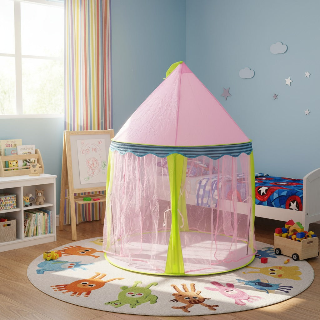 A Princess Castle Kids Play Tent House is Installed in a Kids Bedroom.