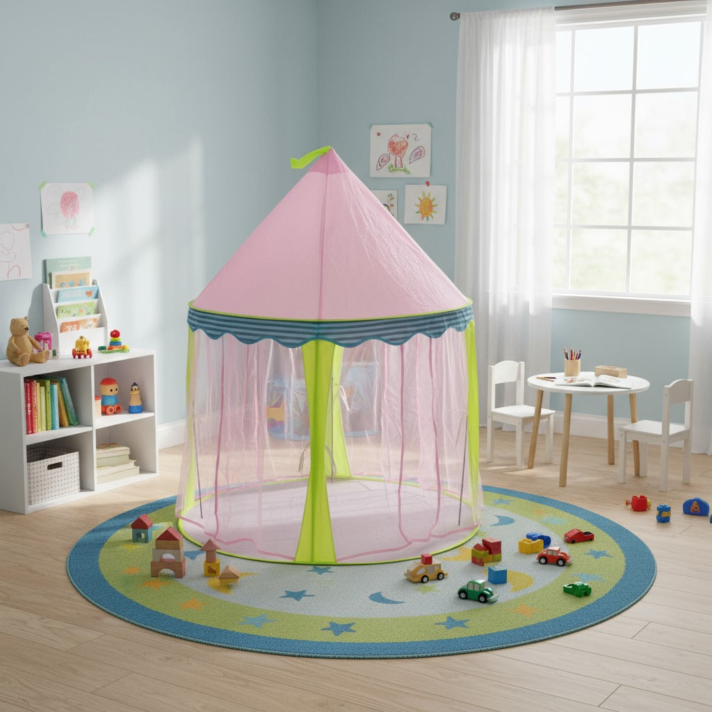 A Princess Castle Kids Play Tent House is Placed in a Kids Room.