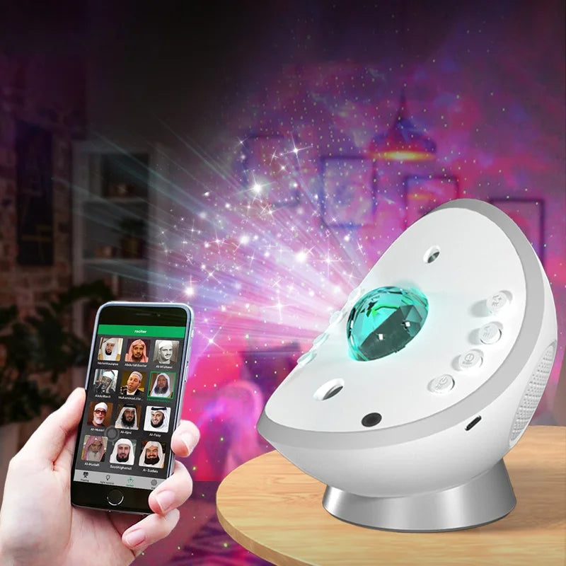 A Person is Holding the Mobile Phone and Operating Projection Qur’an Speaker Via App.