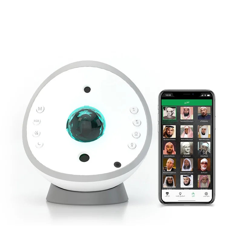 A Projection Qur’an Speaker and Mobile Phone Shows its App Interface.