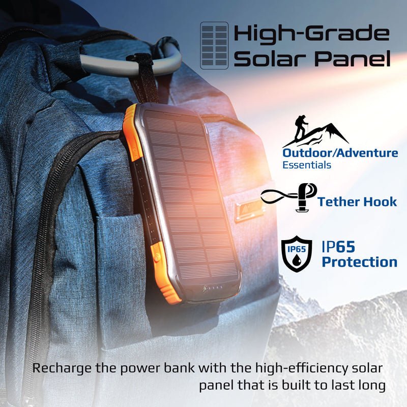 Promate Rugged EcoLight™ Solar Power Bank is Hanged on the Bag.