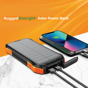 A Mobile Phone is Connected to a Promate Rugged EcoLight™ Solar Power Bank.
