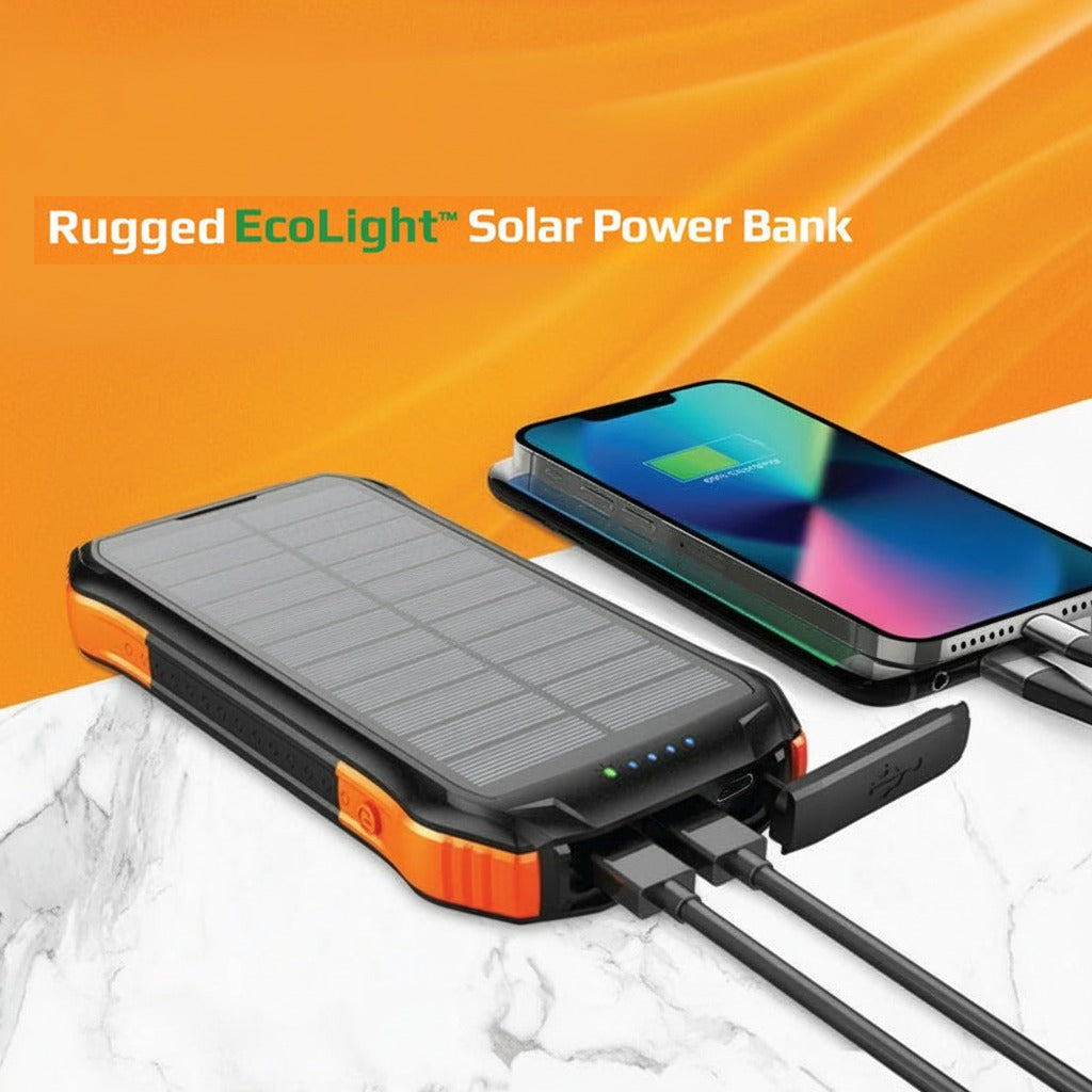 A Mobile Phone is Connected to a Promate Rugged EcoLight™ Solar Power Bank.