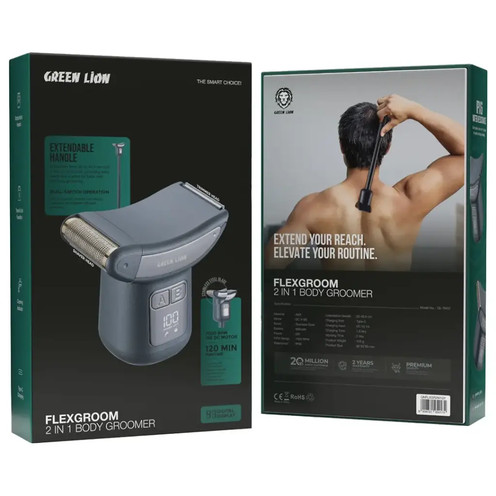 Green Lion Flexgroom 2-in-1 body groomer packaging with product illustration and user image on a white background