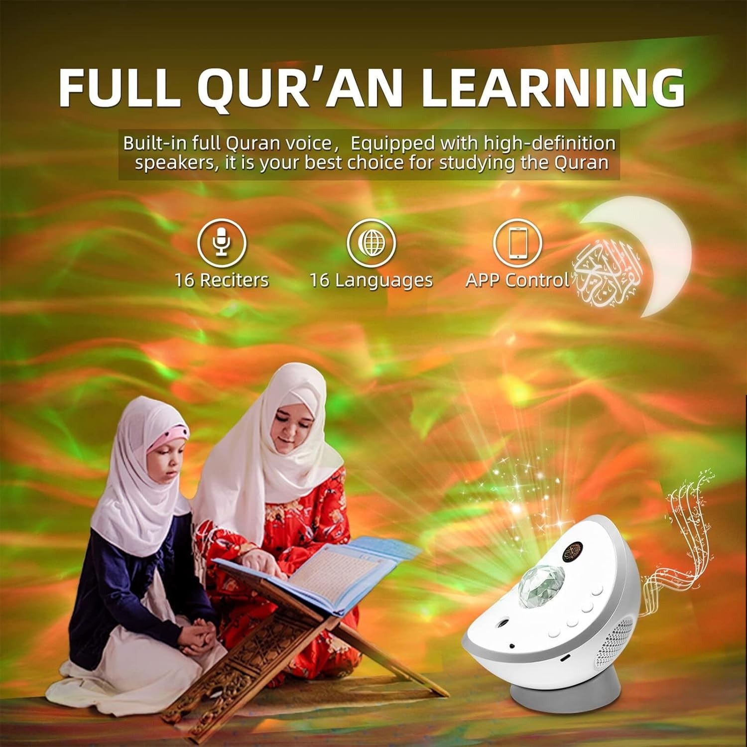 A Mother and Child is Reading Quran with the aid of Projection Qur’an Speaker.