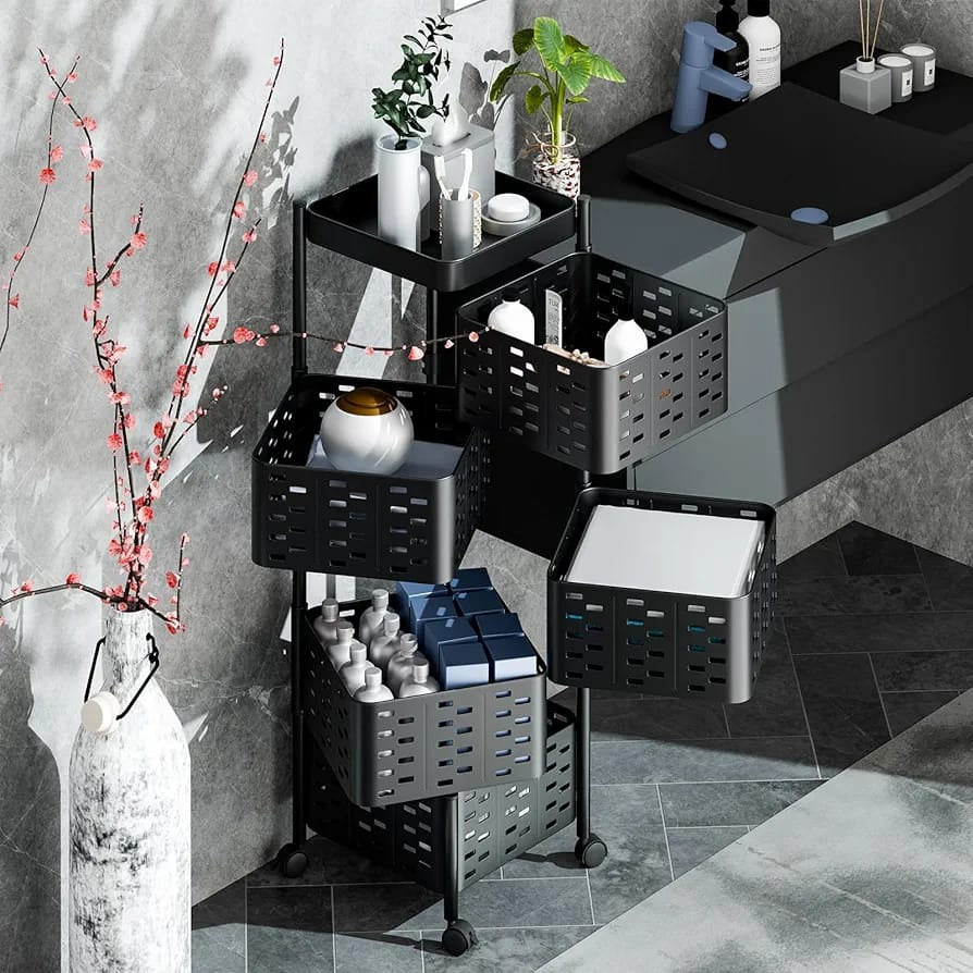 A 5 Tier Multipurpose Rotating Square Kitchen Storage Rack is Organized with Bathroom Essentials.