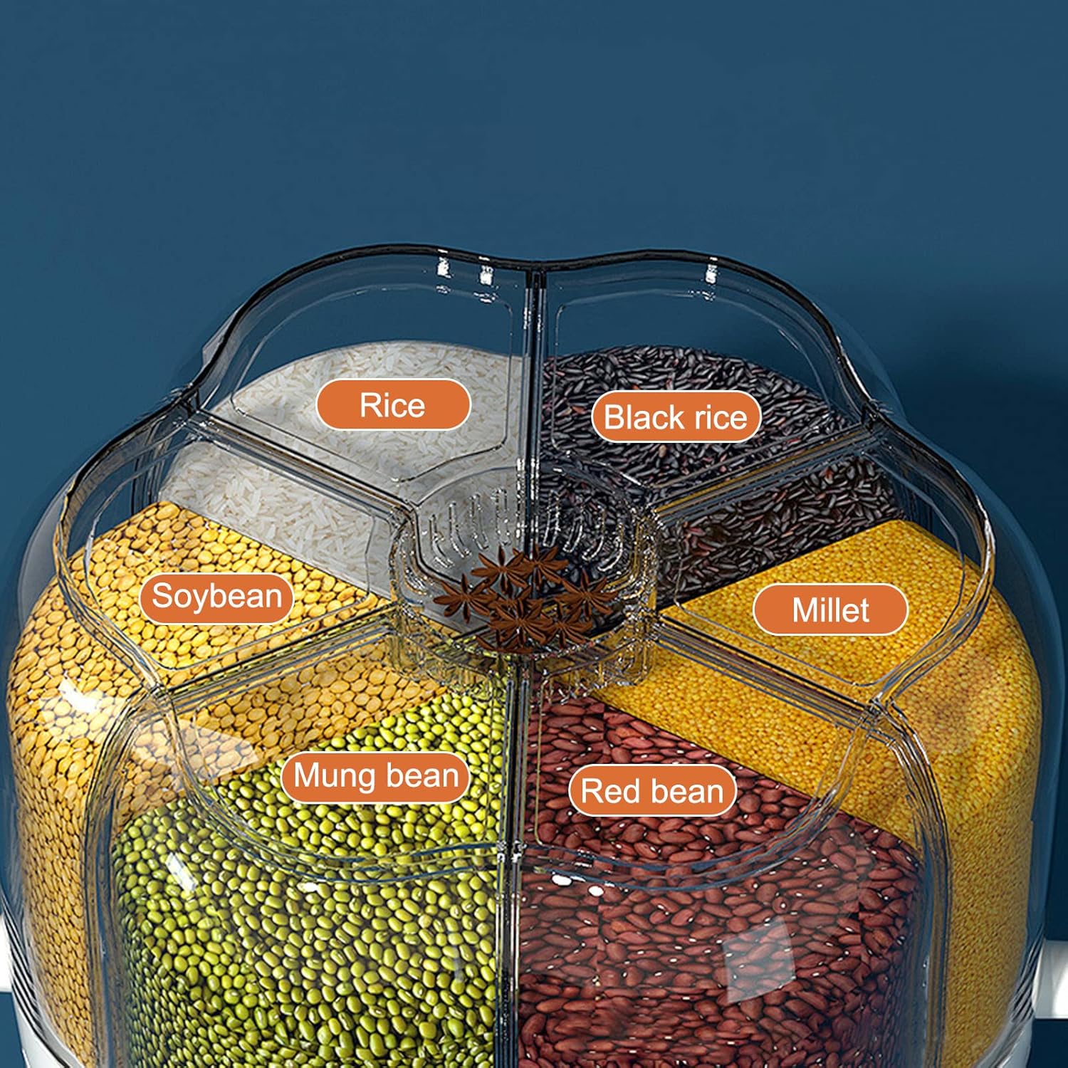 10L Rotating Rice Barrel Multi-Grain Storage Container with compartments filled with different types of grains and beans labeled on a blue background