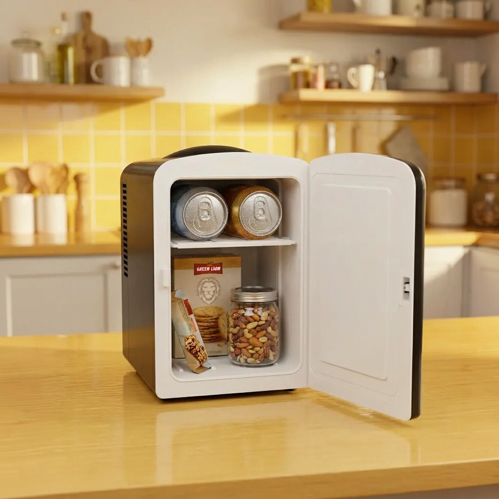 Green Lion 4L Mini Fridge with open door displaying food items on a kitchen counter.