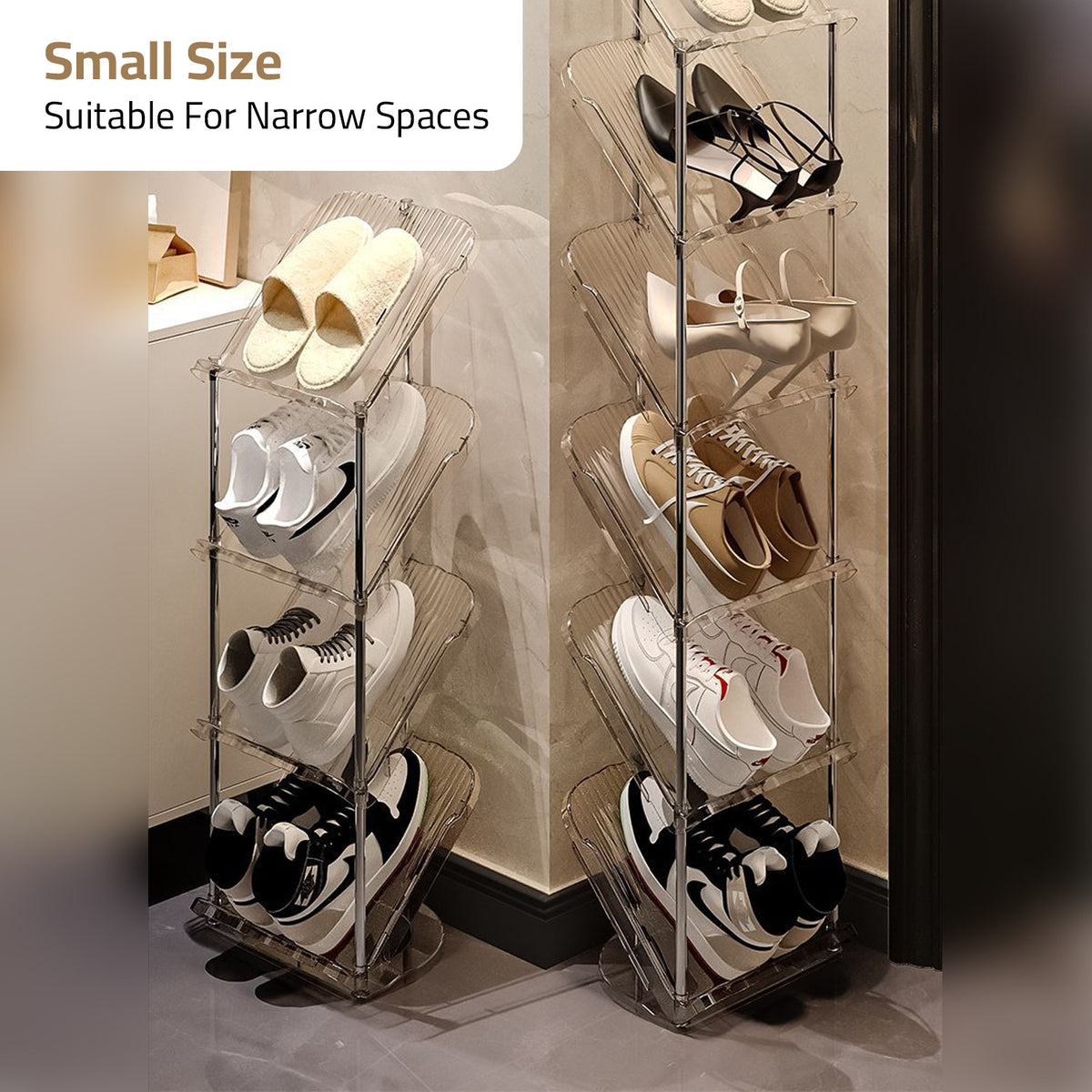 Shoes are Organized in a Vertical Shoe Rack Organizer Stand.
