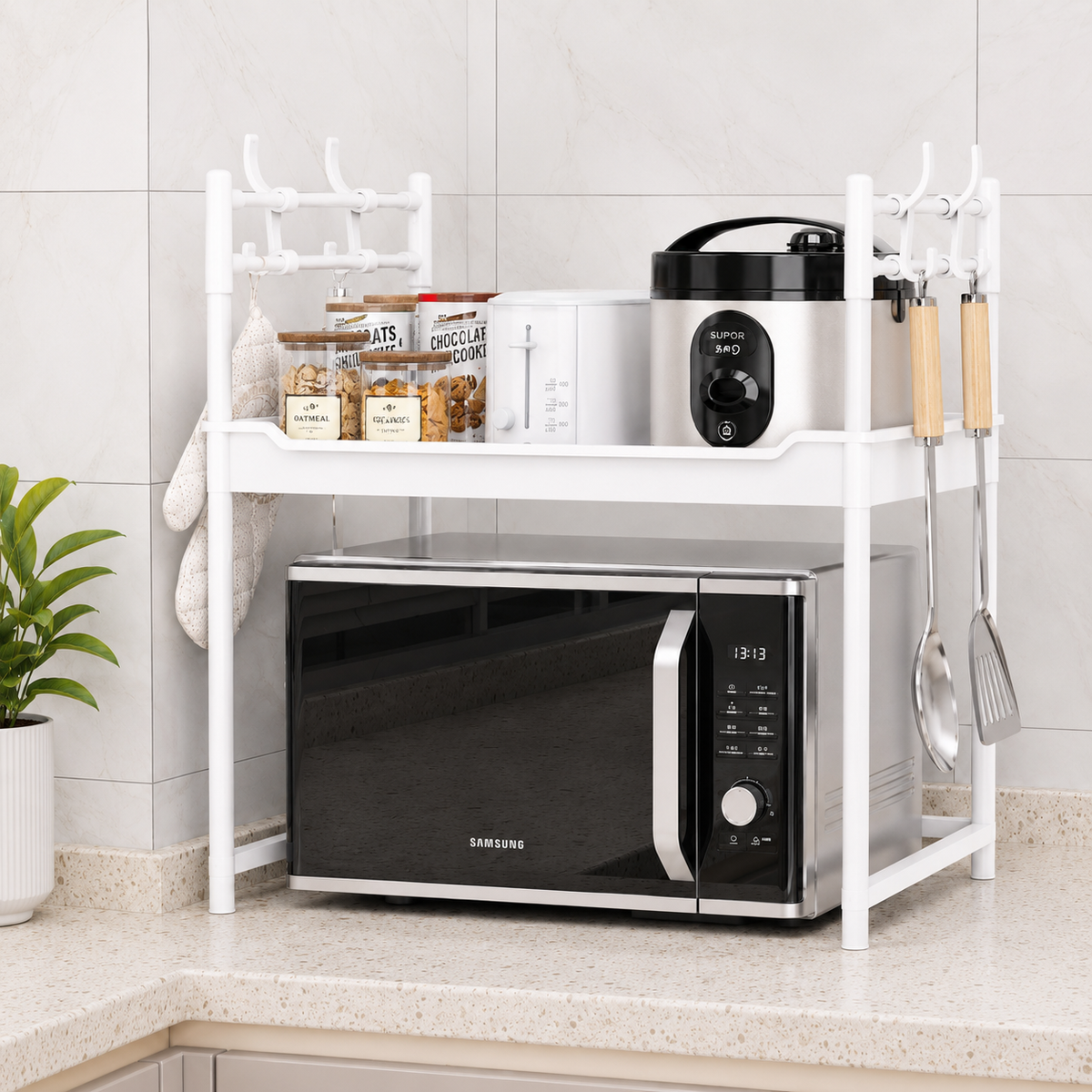 2-Tier Multifunctional Microwave Oven Storage Rack is Organized with Kitchen essentials and Appliances.