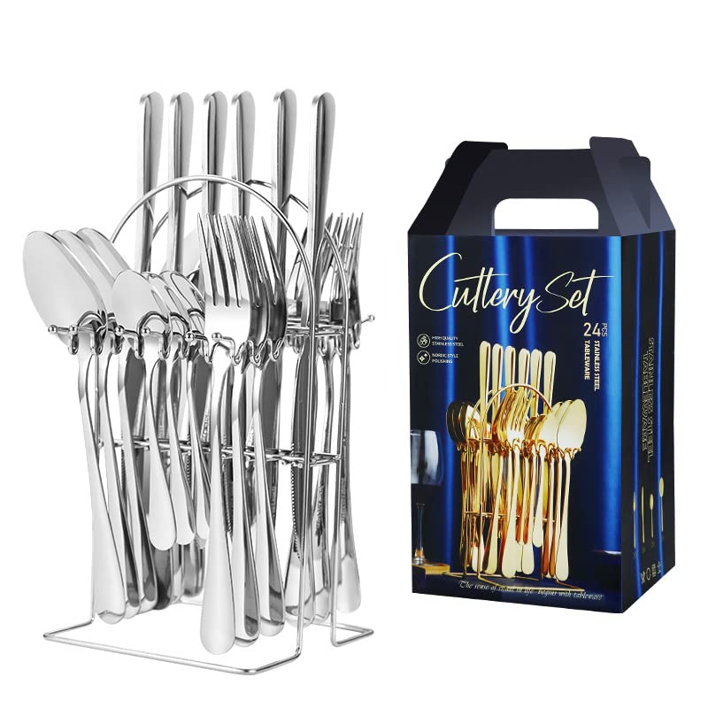 24 Pcs Ceramic Handle Tableware Cutlery Set is Organized in a Cutlery Stand.