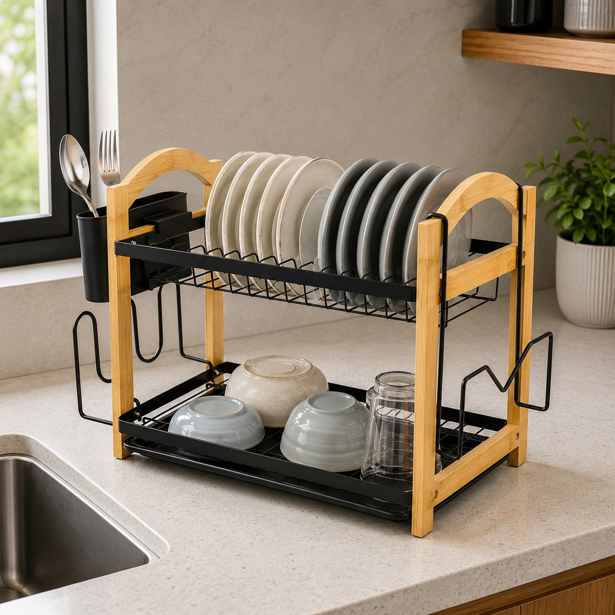 2 Tier Kitchen Dish Drying Rack on a kitchen countertop, holding plates, bowls, and a glass jar. The background shows a kitchen sink, window, and shelf.