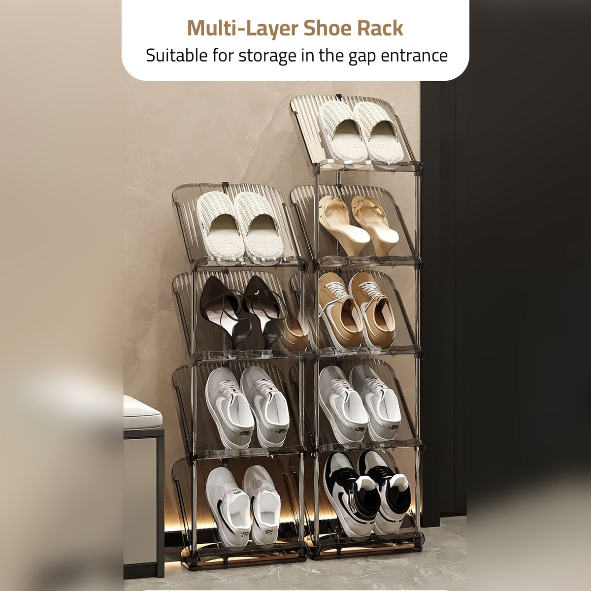 Shoes are Organized in a Vertical Shoe Rack Organizer Stand.