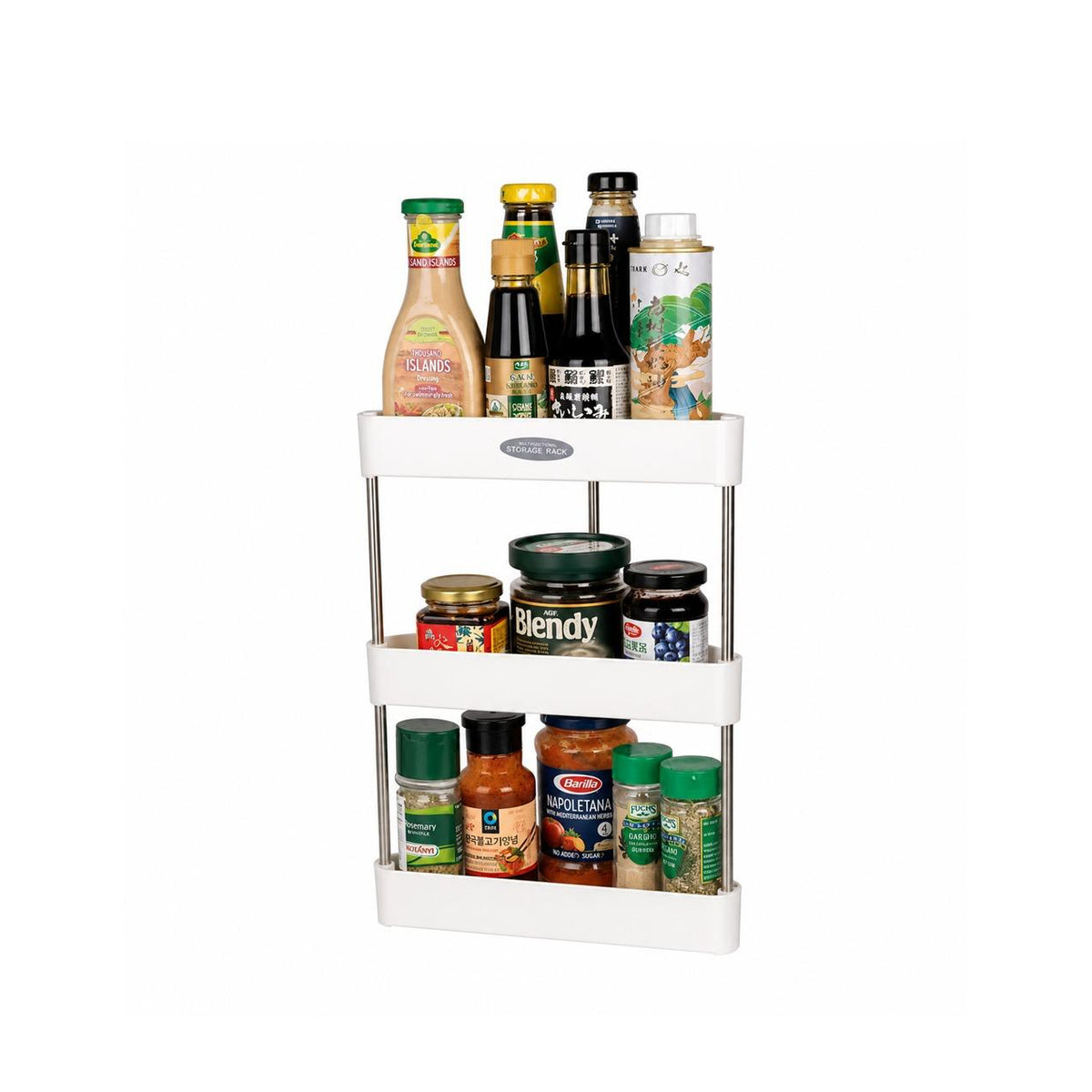 3-Tier Corner Storage Rack with various condiments on a white background