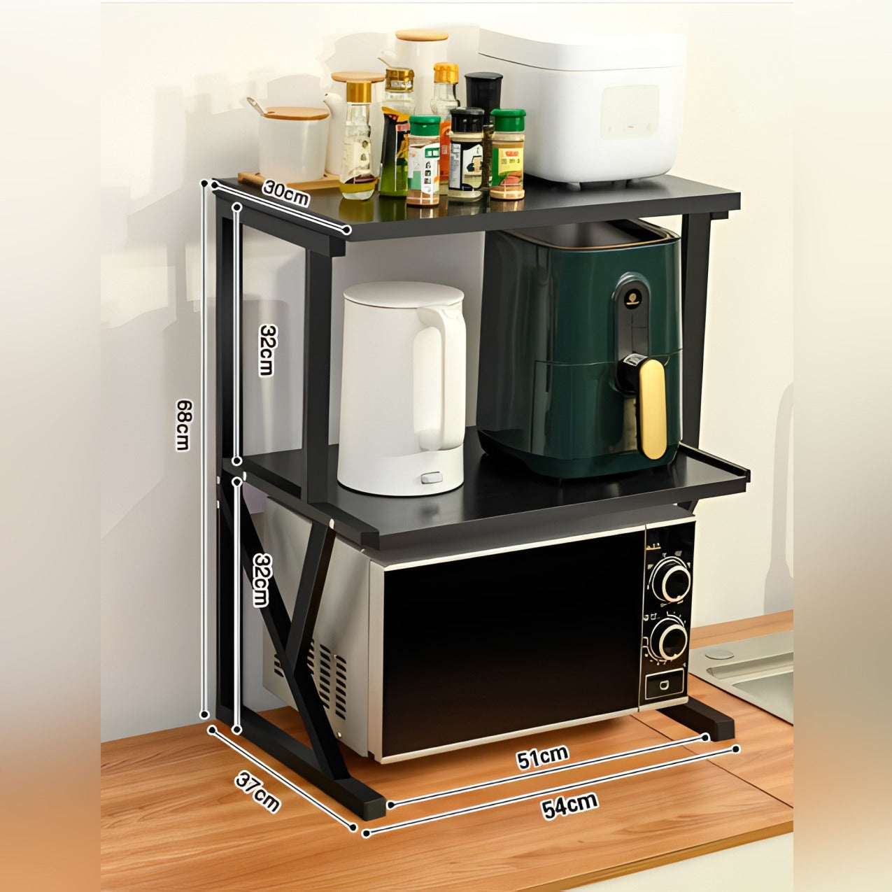 Size of 3-Tier Kitchen Microwave Oven Rack is Organized with Kitchen Appliances and Essentials.