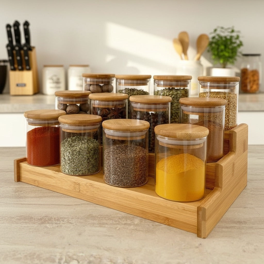 3-Tier Spice Storage Jar Set with Wooden Rack Organizer having Spices arranged in a Kitchen Countertop.